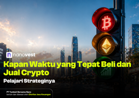 Kapan Waktu yang Tepat Beli dan Jual Crypto? Ini Strateginya Crypto-themed banner showing a traffic light with Bitcoin (red) and Ethereum (yellow) icons against a city skyline; overlay text discusses when to buy and sell crypto.