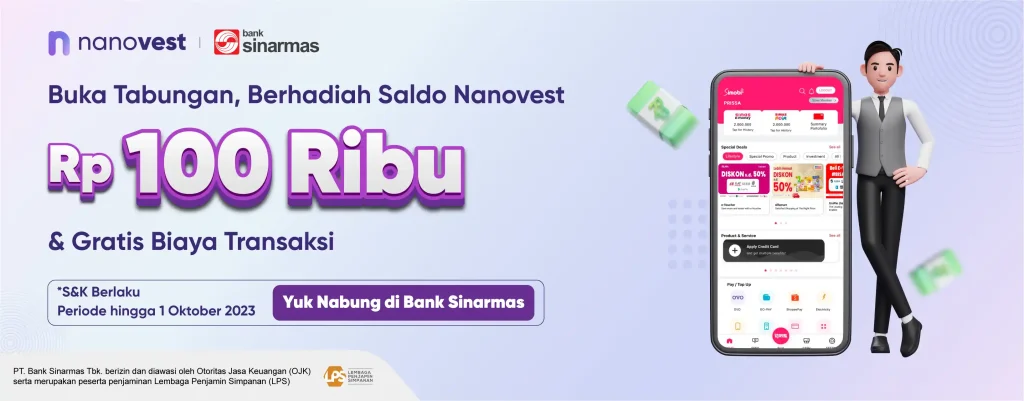 Nabung Semakin Untung Di Bank Sinarmas, Berhadiah Saldo Nanovest sebesar Rp 100 Ribu Rupiah kv bsim x nano landing page banner