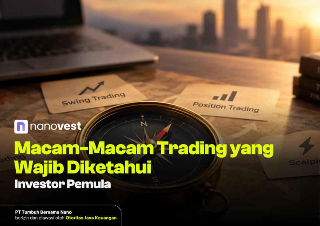 Macam Macam Trading - Blog Nanovest Hero image for an investing article: a compass on a wooden desk with trading strategy cards labeled Swing Trading and Position Trading, laptop nearby and a blurred city skyline in the background at sunset.