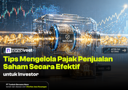 Hero image for an investment article: a futuristic tax filter device with flowing coins and stock charts in the background, logo present, caption about tips for tax on stock sales for investors.