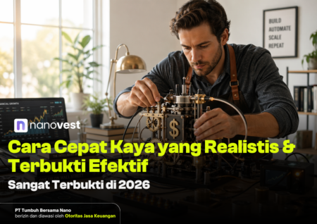 15 Cara Cepat Kaya di 2026 yang Realistis & Terbukti Efektif Man adjusts a brass mechanical device with a dollar symbol while a laptop beside him shows financial growth charts in a bright home-office setting.