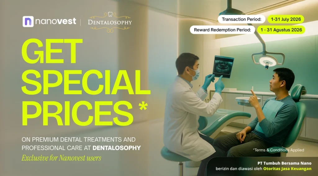 Invest in US Stocks, Get Exclusive Dental Deals! Promotional dental ad showing a dentist with patient; large neon yellow text GET SPECIAL PRICES; Nanovest and Dentalosophy logos; transaction and reward periods in July–August 2026 (top right).