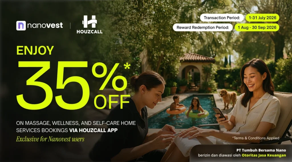Relax & Recharge with Exclusive Houzcall Rewards Advertisement banner for Nanovest and Houzcall: 35% off on massage, wellness, and self-care bookings via the HouzcCall app; people relaxing by a pool in a sunny backyard.