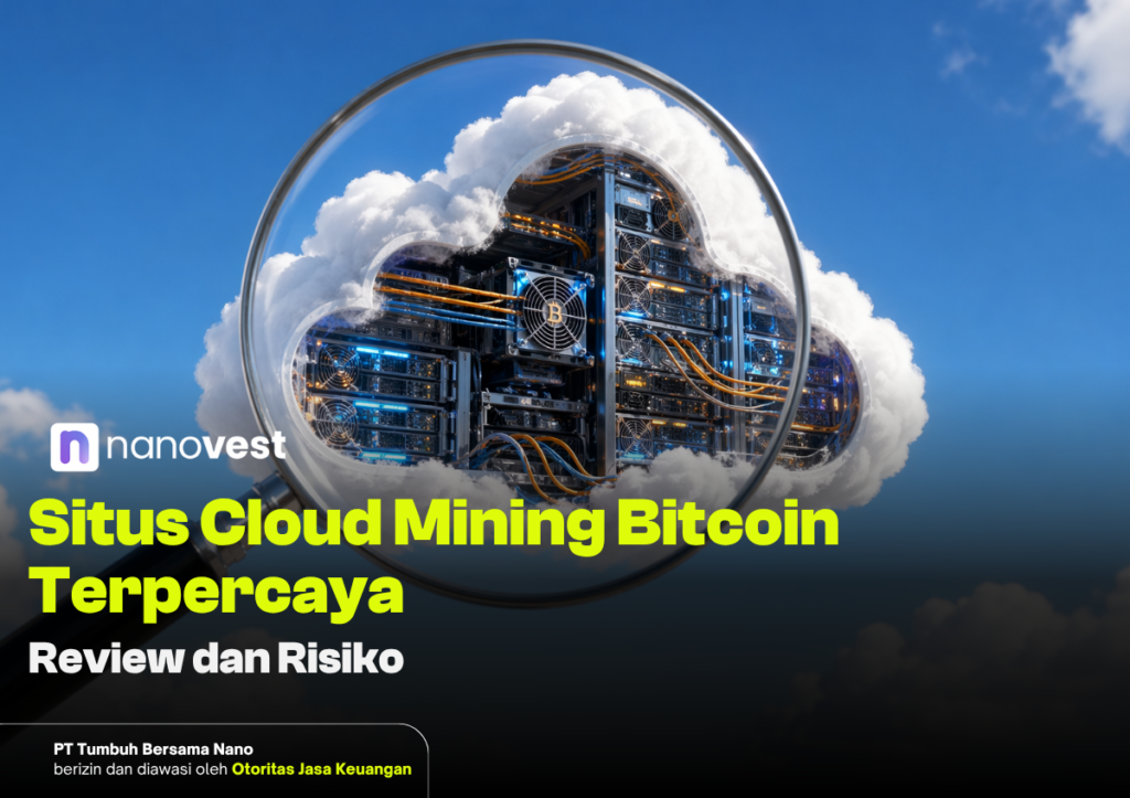 10 Situs Cloud Mining Bitcoin Terpercaya 2026 | Review & Risiko Nanovest banner promoting trusted Bitcoin cloud mining, with server racks inside a cloud illustration