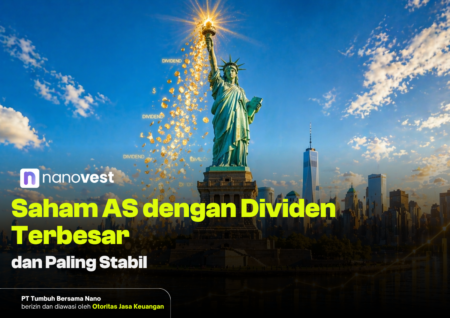 10 Saham AS dengan Dividen Terbesar dan Paling Stabil 2026 Promotional banner by Nanovest about US stocks with the largest, most stable dividends, featuring the Statue of Liberty and raining coins over NYC skyline.