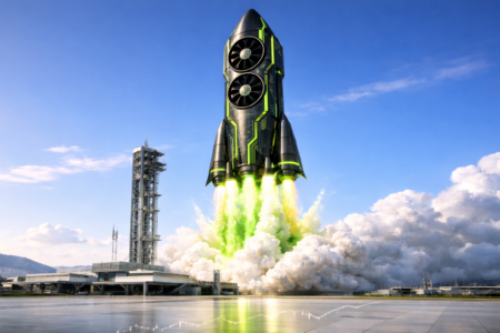 Futuristic Nvidia-inspired GPU rocket launching into a bright blue sky with green energy flames, symbolizing AI stock market growth