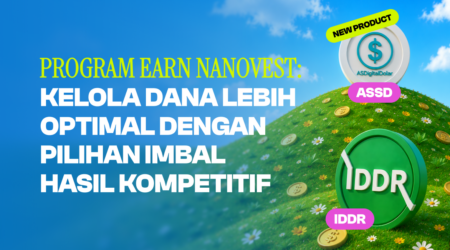Promotional banner for Nanovest program: Indonesian headline about optimizing funds with competitive returns, set against a blue gradient sky and grassy hill with coins and coin logos labeled NEW PRODUCT, ASSD, and IDDR.