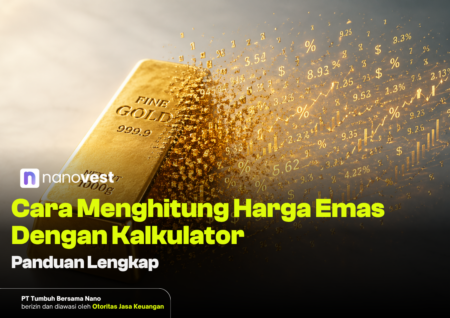 Cara Menghitung Harga Emas: Kalkulator Online dan Rumus Lengkap Gold bar dissolving into floating numbers and financial symbols, with Indonesian headline about calculating gold prices, overlay text included