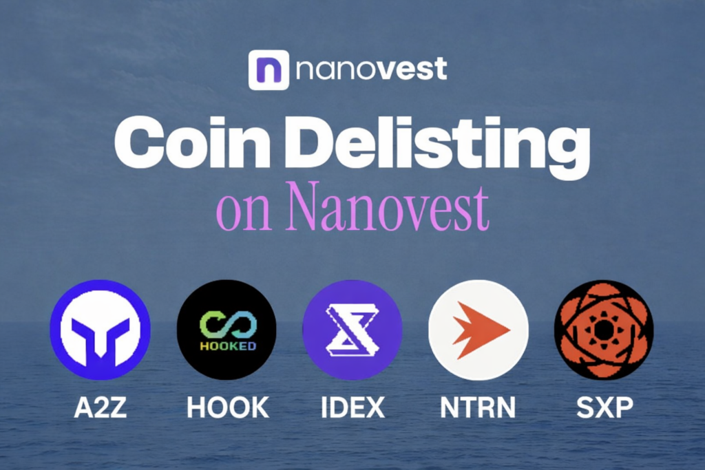 Pengumuman Penghapusan (Delisting) Koin A2Z, HOOK, IDEX, NTRN, SXP Nanovest coin delisting announcement featuring A2Z, HOOK, IDEX, NTRN, and SXP with logo and ocean background