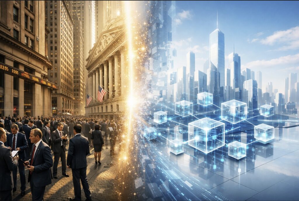 Era Baru Dimulai: Wall Street Mulai Pindah ke Blockchain di 2026 Wall Street financial district transforming into blockchain system