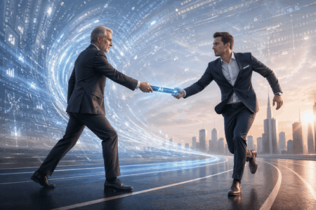 CEO Perusahaan Besar Mundur, Industri Teknologi Bergejolak Two businessmen in suits shake hands across a glowing AI-connected baton against a futuristic city backdrop and data tunnel.