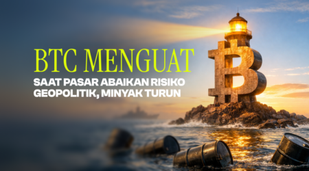 BTC Menguat Saat Pasar Abaikan Risiko Geopolitik, Minyak Turun Bitcoin statue on rocks with a lighthouse at sunset; headline discusses BTC strengthening as geopolitical risks ease and oil falls.