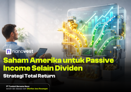 Saham Amerika untuk Passive Income Selain Dividen: Strategi Total Return Man seated with a tablet beside a glowing investment machine pouring coins and rising charts, illustrating US stock passive income (Total Return) with Nanovest.
