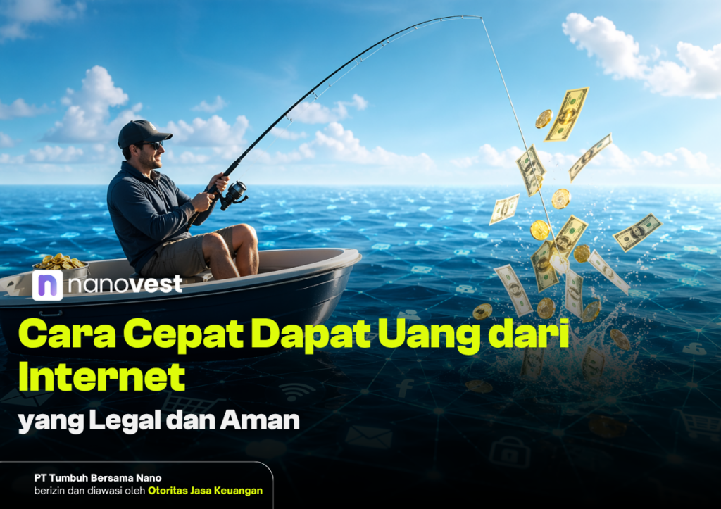 10 Cara Cepat Dapat Uang dari Internet yang Legal dan Aman Man fishing from a boat as money rains from the water; promotional banner for legal online income by Nanovest.
