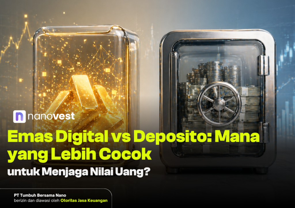 Emas Digital vs Deposito: Mana yang Lebih Cocok untuk Menjaga Nilai Uang? Thumbnail: glowing gold bars in a clear case beside a money-filled safe, with Indonesian headline about digital gold vs deposits.