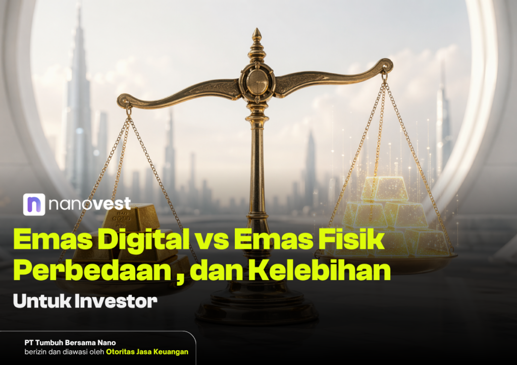 Emas Digital vs Emas Fisik: Perbedaan, Kelebihan, dan Mana yang Lebih Baik Balanced gold scales with bars on both sides, city skyline background, Nanovest logo, and a bold Indonesian headline about digital vs physical gold for investors