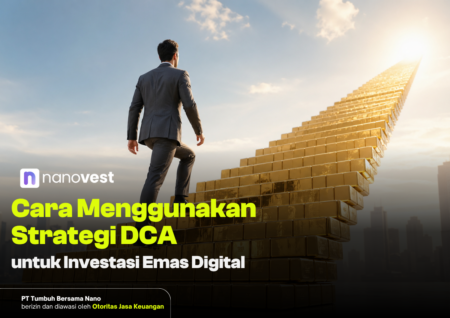 Cara Menggunakan Strategi DCA untuk Investasi Emas Digital Man in a suit climbs a staircase made of gold bars toward a bright horizon; Nanovest logo visible with Indonesian headline about DCA for digital gold investment.