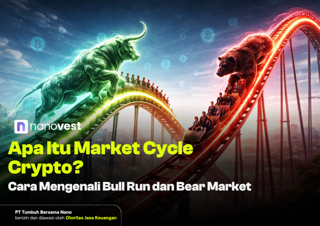 Apa Itu Market Cycle Crypto? Cara Mengenali Bull Run and Bear Market Green bull and red bear race along neon-lit roller coaster tracks; Nanovest logo and Indonesian headline about crypto market cycles.