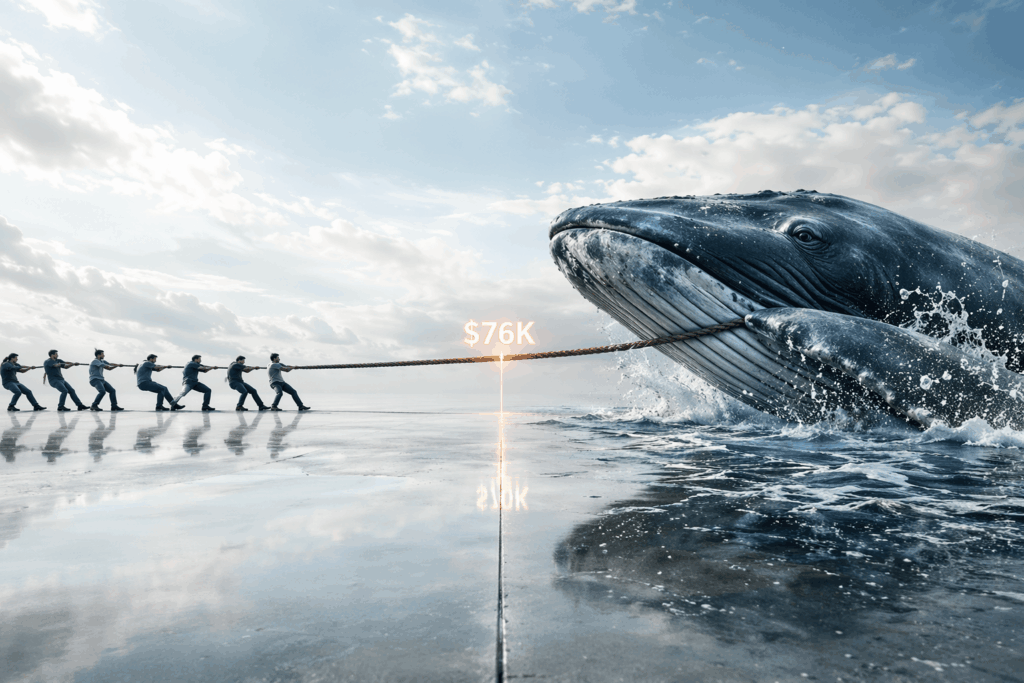 63K BTC Dijual Saat Harga Tembus $76K Team of people pulling a rope tied to a giant whale on a wet reflective surface, with '$76K' glowing between them.