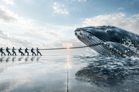 63K BTC Dijual Saat Harga Tembus $76K Team of people pulling a rope tied to a giant whale on a wet reflective surface, with '$76K' glowing between them.