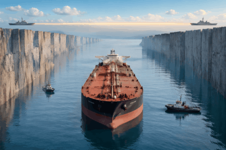 Minyak Stabil Saat AS-Iran Bahas Gencatan Senjata Large red-and-black tanker in a narrow waterway flanked by towering cliff walls, with two tugboats nearby.
