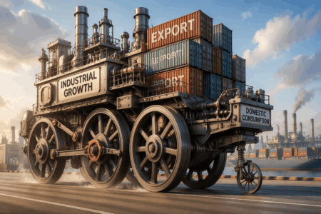 Ekonomi China Melaju, Lampaui Prediksi Industrial steam locomotive hauling stacked shipping containers labeled EXPORT and DOMESTIC CONSUMPTION at a port.