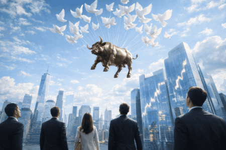 Wall Street Catat Rekor Baru di Tengah Harapan Perdamaian Bull statue suspended by strings attached to doves flying over a city skyline as suited professionals watch from below, symbolizing a bullish market optimism.