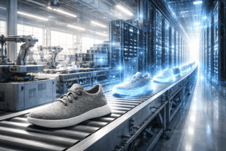 Allbirds Rebranding ke AI, Strategi Baru atau Sekadar Euforia? Conveyor belt in a high-tech factory with robotic arms and glowing running shoes moving along the line.