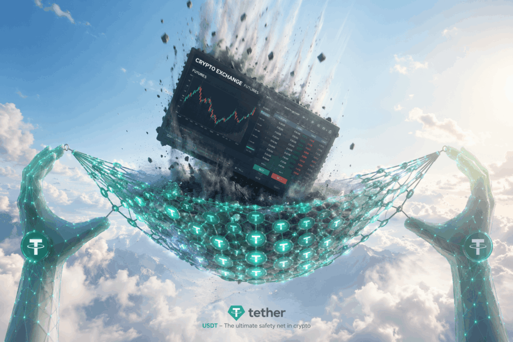 Tether Umumkan Program Pemulihan $150 Juta Futuristic glowing hands hold a net around a floating crypto trading screen showing price charts; Tether branding at bottom.