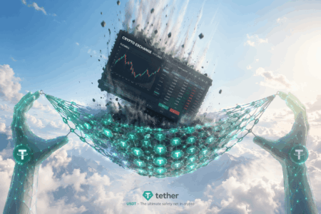 Tether Umumkan Program Pemulihan $150 Juta Futuristic glowing hands hold a net around a floating crypto trading screen showing price charts; Tether branding at bottom.