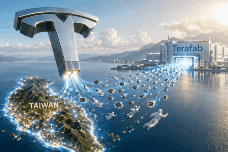 Tesla Cari Insinyur Chip Taiwan untuk Terafab Giant metallic connector beams glowing blue circuits from Taiwan toward a futuristic Terafab factory across the sea, symbolizing semiconductor supply.