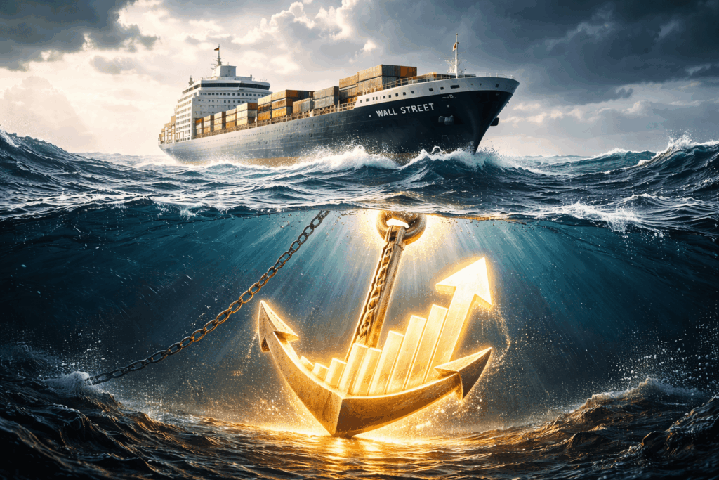Wall Street Uji Ketahanan, Earnings dan AI Jadi Penopang Cargo ship named Wall Street on the sea above a glowing golden anchor and upward-trending graph arrows underwater hedge of chains, symbolizing growth in shipping finance