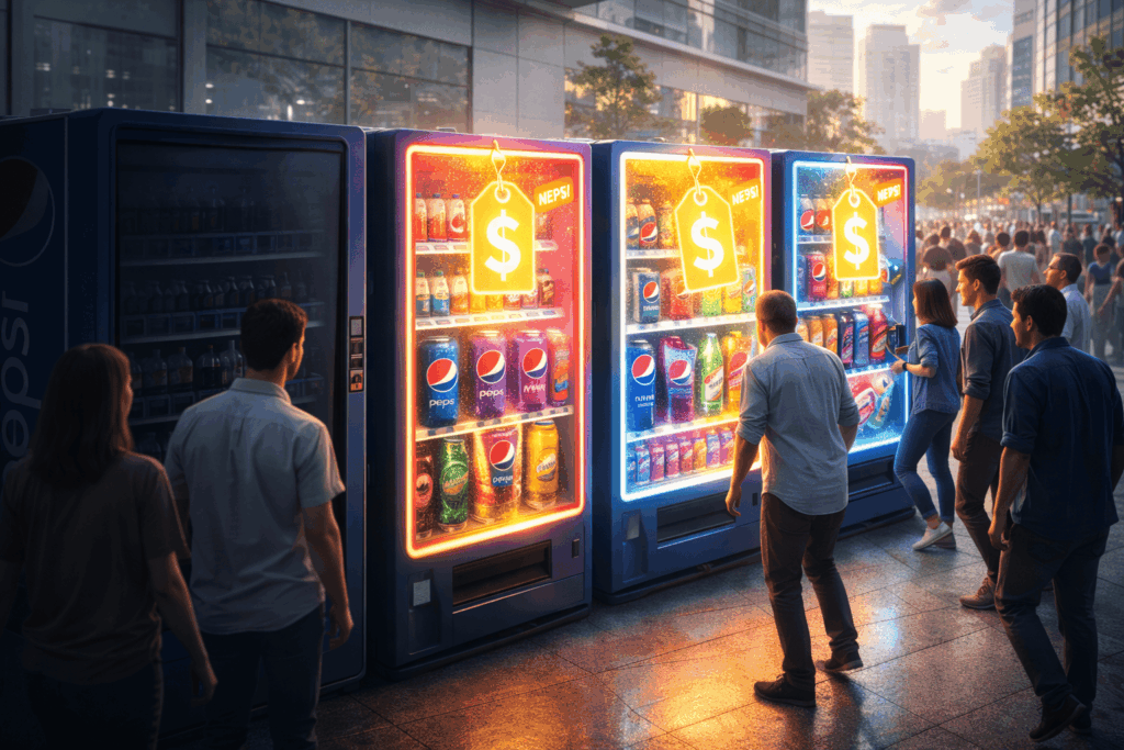 PepsiCo Pulihkan Permintaan Lewat Strategi Turun Harga dan Inovasi Row of neon-lit beverage vending machines in a modern city plaza as people browse drinks.