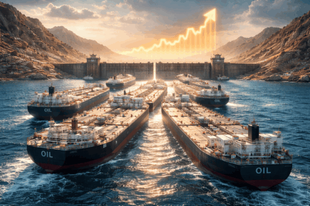Selat Hormuz Ditutup Lagi, Harga Minyak Berbalik Naik Oil tankers anchored in a harbor at sunset with a glowing upward-trending chart in the sky behind a dam and mountains.