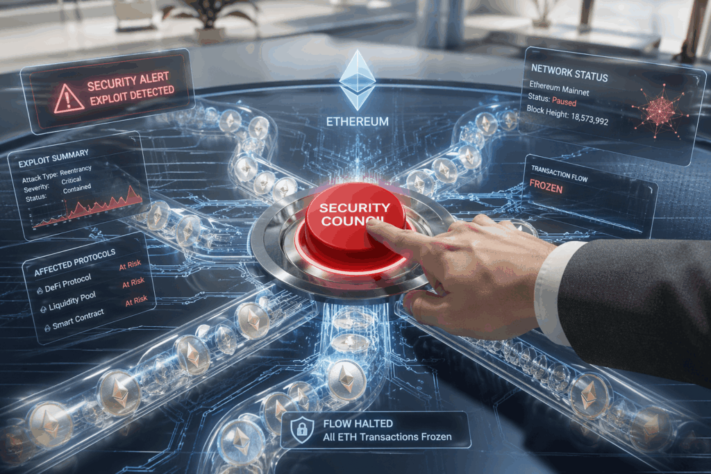 Arbitrum Bekukan $71 Juta Ether Kelp Hand presses a red button labeled SECURITY COUNTERMEASURE on a futuristic Ethereum security console with floating status panels and alerts.