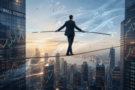 Dow Futures Naik, Apple & Iran Jadi Sorotan Businessman in a suit walks a tightrope between skyscrapers above a financial cityscape, with stock market graphics and labels like Wall Street and Dow Jones.
