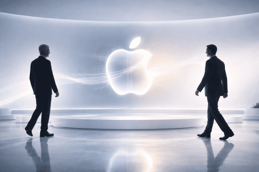 Apple Transisi CEO, John Ternus Ambil Alih dari Tim Cook Two professionals in dark suits walk toward a glowing Apple logo suspended between them in a sleek white showroom.