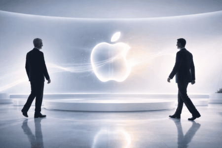 Apple Transisi CEO, John Ternus Ambil Alih dari Tim Cook Two professionals in dark suits walk toward a glowing Apple logo suspended between them in a sleek white showroom.