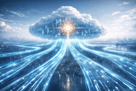 Amazon Perluas Dominasi Cloud Lewat Ekspansi AI Anthropic Cloud-shaped data hub with glowing blue data streams cascading toward a city skyline, illustrating cloud computing.