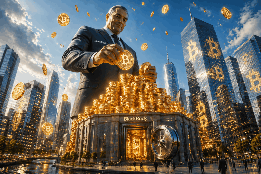 Strategy Beli 34.164 BTC, Total Tembus 800 Ribu Businessman in a suit arranging glowing Bitcoin coins atop a tall pile of gold coins outside a BlackRock vault amid a city skyline