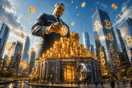 Strategy Beli 34.164 BTC, Total Tembus 800 Ribu Businessman in a suit arranging glowing Bitcoin coins atop a tall pile of gold coins outside a BlackRock vault amid a city skyline