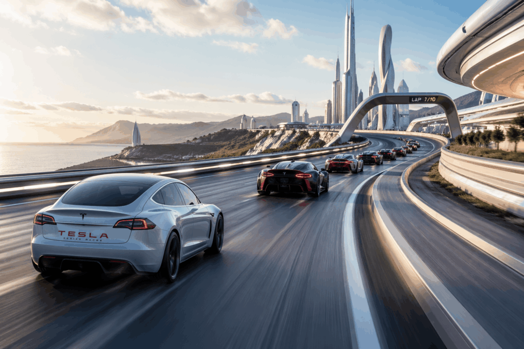 Tesla Tertinggal di Rally Magnificent 7 White Tesla Model S racing along a curved coastal highway with a futuristic city skyline in the background.