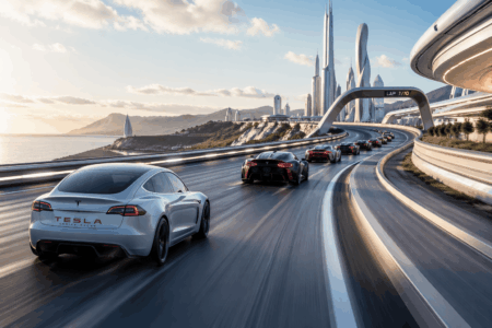 Tesla Tertinggal di Rally Magnificent 7 White Tesla Model S racing along a curved coastal highway with a futuristic city skyline in the background.