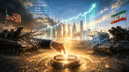 Gencatan Senjata Diperpanjang, Pasar Saham AS Rebound Hand presses glowing button labeled CEASEFIRE amid tanks and flags, with a stock market chart backdrop suggesting a peace-driven corporate action.