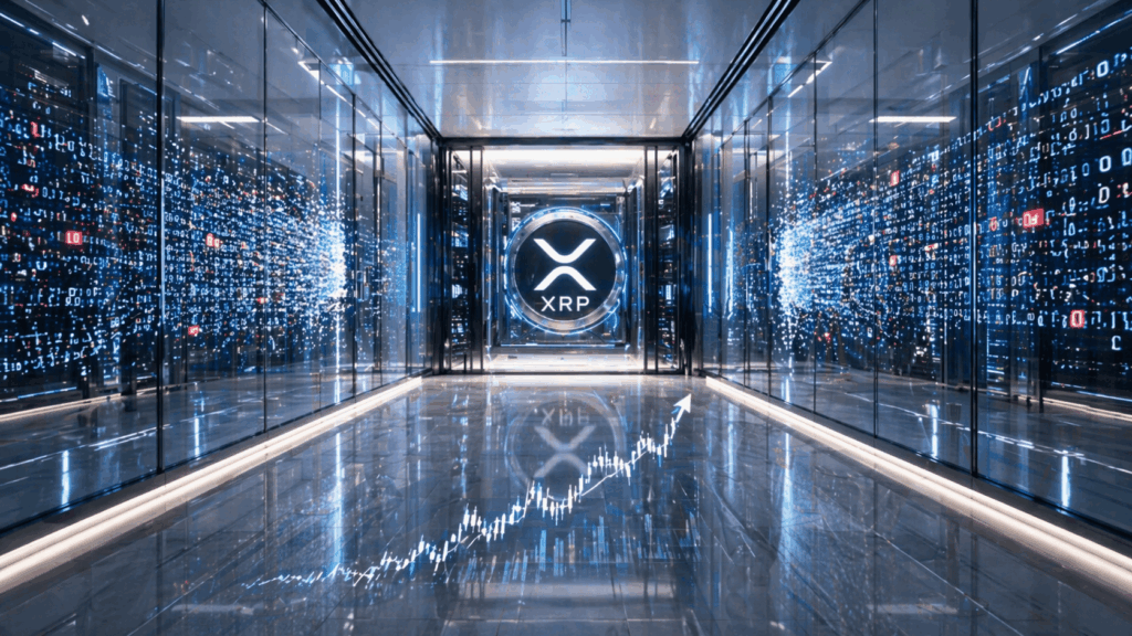 Ripple Antisipasi Risiko Kuantum dan XRP Mulai Rebound Center shows a glowing XRP emblem in a high-tech server corridor with blue neon lighting and a reflective floor