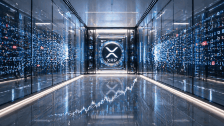 Ripple Antisipasi Risiko Kuantum dan XRP Mulai Rebound Center shows a glowing XRP emblem in a high-tech server corridor with blue neon lighting and a reflective floor