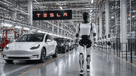 Tesla Catat Kinerja Kuat dan Percepat Ambisi Robot Optimus Inside a Tesla factory, a white Tesla sedan sits on the production line with a tall humanoid robot in the foreground and additional robots in the background.