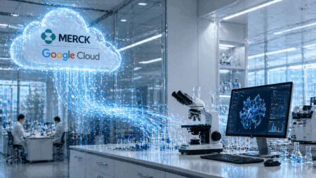 Merck Akselerasi Inovasi Farmasi dengan AI Google Cloud Lab bench with a microscope and a monitor displaying a molecular network; a glowing Merck Google Cloud graphic hovers above the scene.
