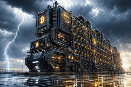 American Bitcoin Tambah 11.298 ASIC Miner Massive industrial Bitcoin mining rig with glowing BTC logos under a stormy lightning-filled sky.