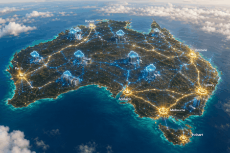 Microsoft Investasi AI Rp18T di Australia Illustrated map of Australia with glowing network lines, cloud icons, and labeled cities: Perth, Adelaide, Melbourne, Sydney, Brisbane, Darwin, Hobart, connected across the continent.